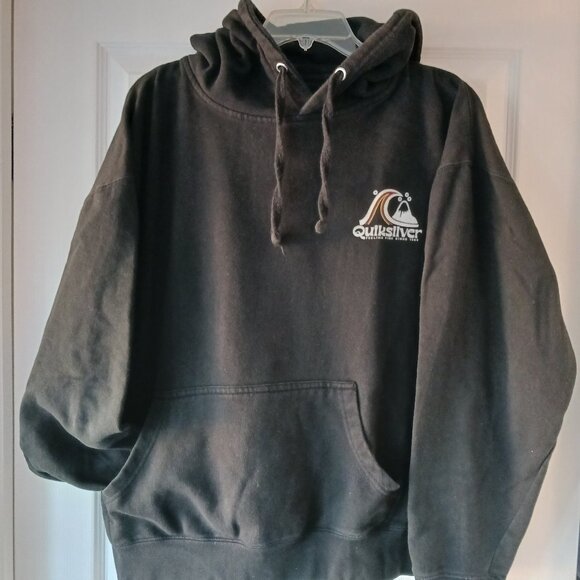 Quiksilver Men's Hoodie Black White Red Logo Size Large Lined Skate Grung Y2K - Picture 2 of 5